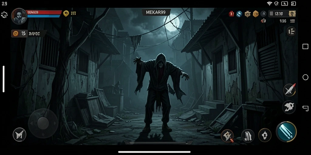 Screenshot utama MEKAR99 menampilkan suasana gelap dan mencekam dalam gameplay.