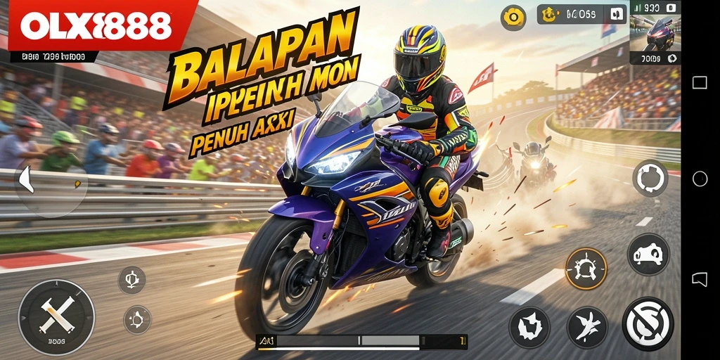 Screenshot OLX888 menampilkan aksi balapan motor yang mendebarkan.