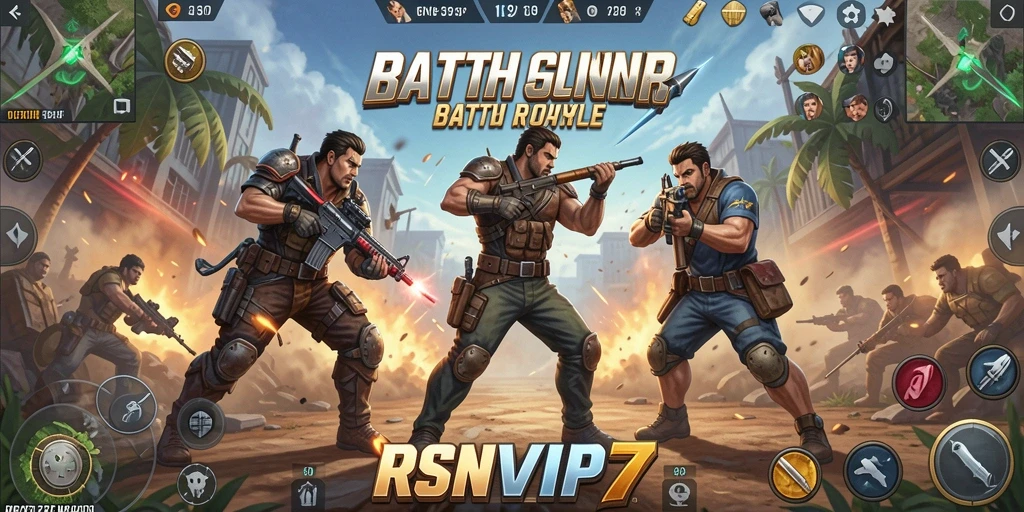 Screenshot gameplay RSNVIP7 menampilkan aksi tembak-menembak yang intens di arena Battle Royale.